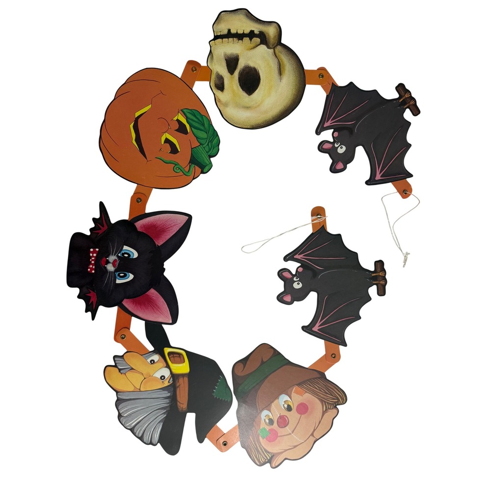 Vintage Halloween Jointed‎ Cardboard Banner 5ft Cat Witch Skull Pumpkin Taiwan